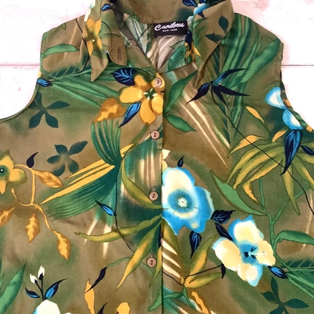 Women’s L/G Green Floral Plants Print Button Up Sleeveless Shirt Size Large